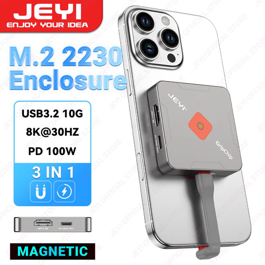 Magnetic M.2 2230 SSD Enclosure with Magsafe for Iphone 16/15 Prores, 8K/4K HD Screen Share, USB 10Gbps, 100W PD Charging