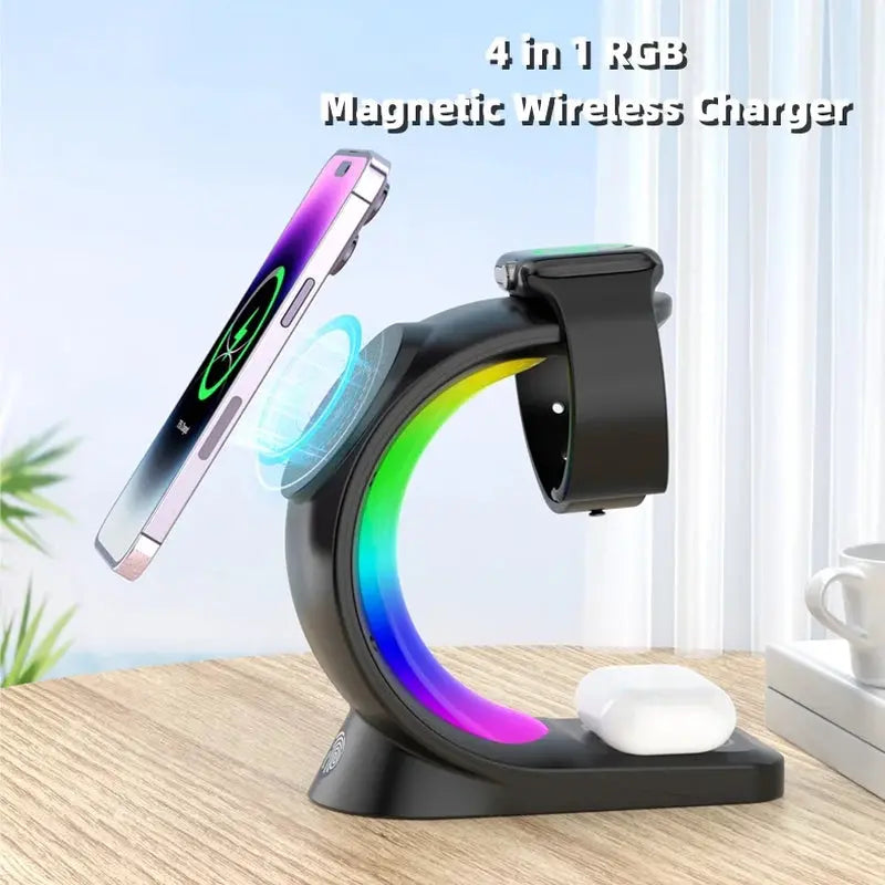 Best 4 in 1 Magnetic Wireless Charger Fast Charging for Smart Phone Atmosphere Light Charging Station for Airpods Pro I-Phone Watch